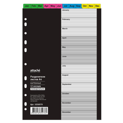 Разделители по месяцам Jan-Dec A4 картонные цветные Attache Selection с вертикальными ярлыками и титульным листом