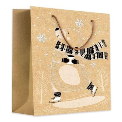 Пакет подарочный новогодний 18х23см крафтовый 'Новогодний мишка на коньках'