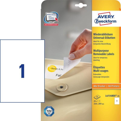 Этикетки самоклеящиеся бумажные удаляемые Avery-Zweckform  1шт/A4 210х297мм I/L/CL/C белые 25л многоразовые