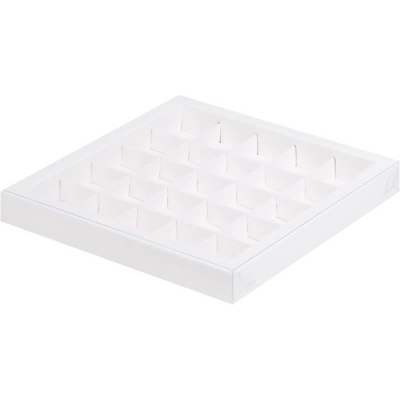 Коробка для конфет на 25шт 24.5х24.5х3см белая с пластиковой крышкой