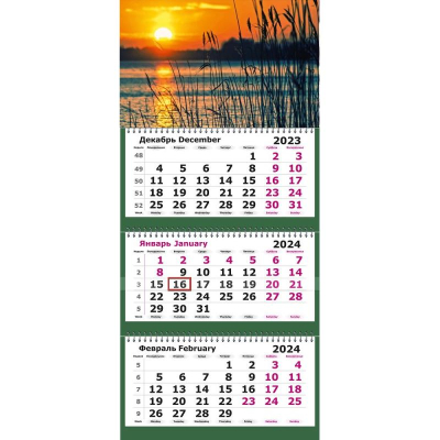 Календарь настенный 2024 квартальный 3-блочный 30х67см 'Закат на озере' на гребне