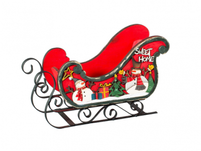 Сани декоративные с рождественским рисунком красные дерево/металл 20х11х14см