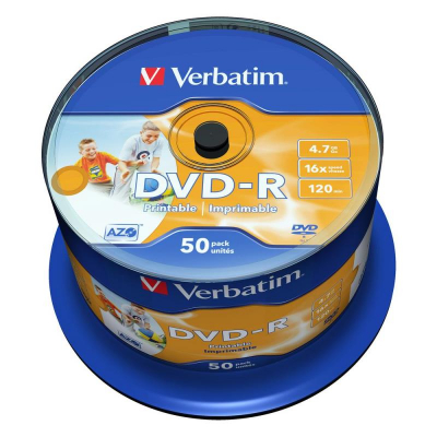 Диск DVD-R 4.7Gb 16X Verbatim Azo Printable  50шт Cake box