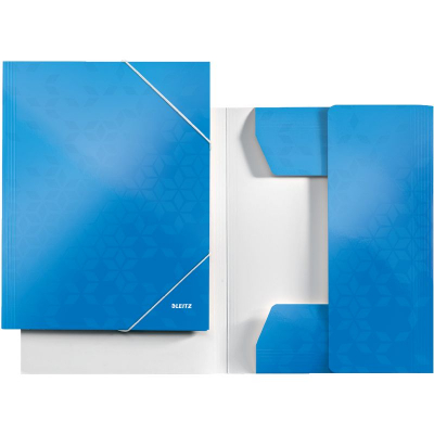 Папка с 2-я резиновыми застежками картонная A4 до 250л с 3 клапанами Leitz глянцевая WOW голубая