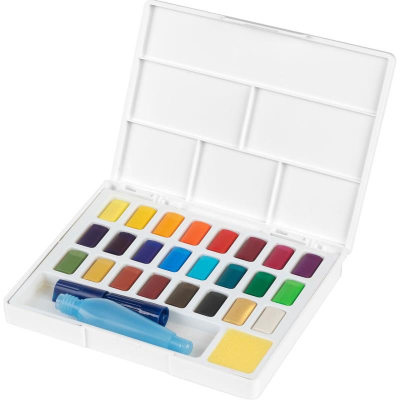 Краски акварельные Faber-Castell 'Watercolours' 24цв в кюветах + кисть 'Water Brush' + съемная палитра в картонной коробке