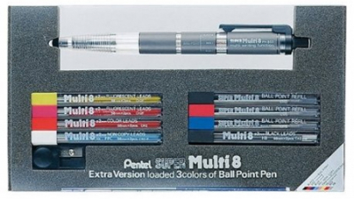 Ручка-карандаш многофункциональная Pentel Super Multi-8  +наборы грифелей 2мм, стержней +точилка