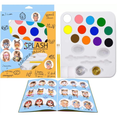 Грим набор SPLASH 12цв 'Классики+Радуга' + 2 блестки + кисть + спонж в картонной коробке