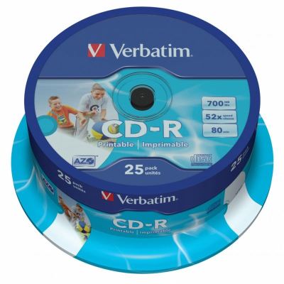 Диск CD-R 700Mb 52X Verbatim Printable  25шт Cake box
