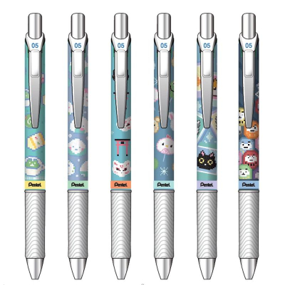 Ручка гелевая автоматическая Pentel 0.5мм EnerGel Kawaii Pixel Art с резиновой манжетой игольчатый стержень 6 дизайнов ассорти