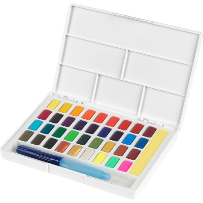 Краски акварельные Faber-Castell 'Watercolours' 36цв в кюветах + кисть 'Water Brush' + съемная палитра в картонной коробке