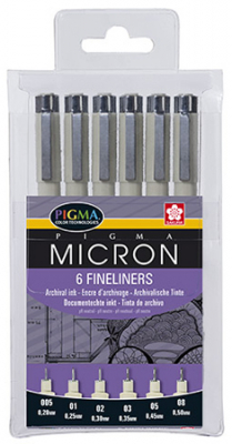Ручки капиллярные художественные Sakura Pigma Micron  6шт 0.2/0.25/0.3/0.35/0.45/0.5мм черные