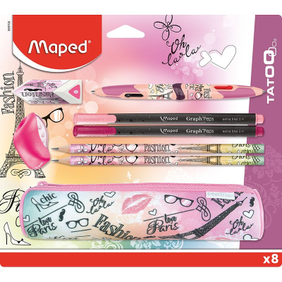 Пенал  с наполнением  7 предметов Maped Tatoo Paris косметичка на молнии