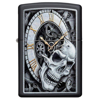Зажигалка бензиновая Zippo 'Skull Clock Design' с покрытием 'Black Matte' черная