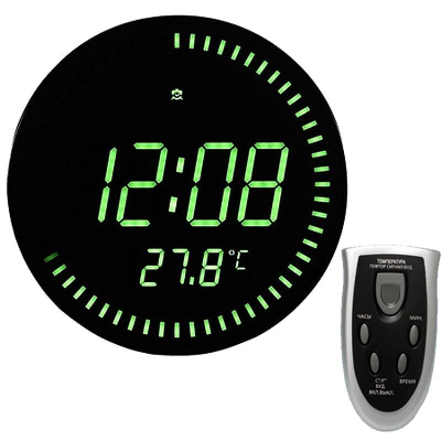 Часы настенные BVItech LED зеленые d-28х3см будильник термометр пульт ДУ 220V