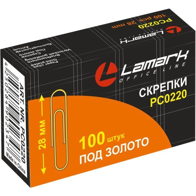 Скрепки 28мм  100шт Lamark омедненные в картонной коробке