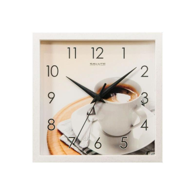 Часы настенные Салют Кухня 24х24см 'Кофе' черные стрелки белый обод плавный ход серия 'Фотон'