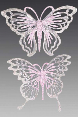 Бабочка прозрачная с розовым и серебряным искристым декором 12.5х9.5см Махаон 2 дизайна