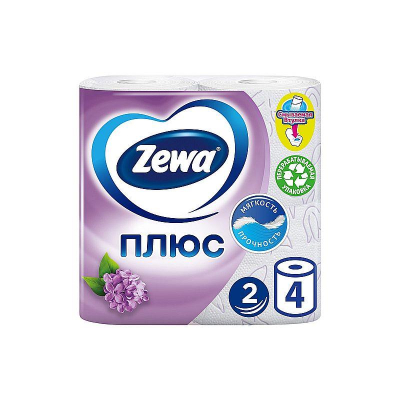 Бумага туалетная Zewa Plus 2 слоя  4рул х184 листа 'Сирень' белая с цветным тиснением 