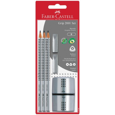 Набор Faber-Castell Grip 2001  3 карандаша B +точилка +2 ластика-колпачка в блистере