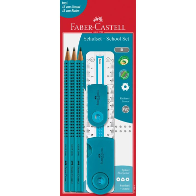 Набор Faber-Castell Sleeve 3 карандаша B +ластик +точилка +линейка бирюзовый в блистере
