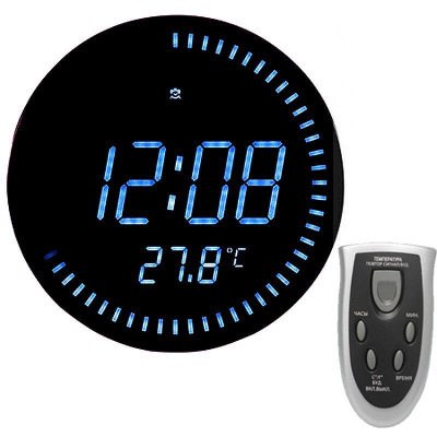 Часы настенные BVItech LED синие d-28х3см будильник термометр пульт ДУ 220V