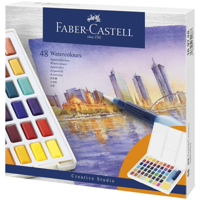 Краски акварельные Faber-Castell 'Watercolours' 48цв в кюветах + кисть 'Water Brush' + съемная палитра в картонной коробке