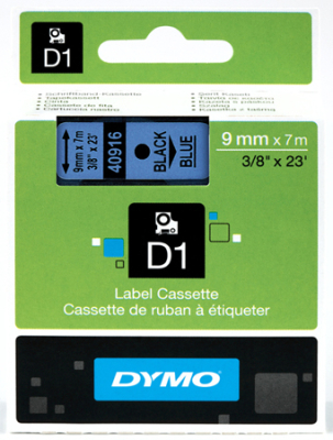 Картридж ленточный Dymo® D1   9мм х7м пластик черный шрифт/голубой фон 40916