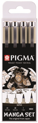 Ручки капиллярные художественные Sakura Pigma Manga  4шт 0.2-0.45мм сепия