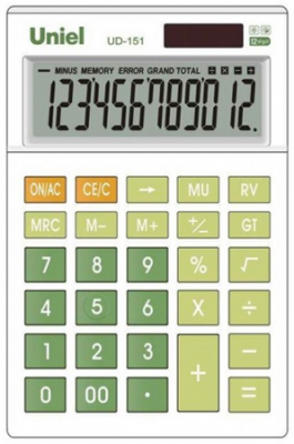 Калькулятор настольный Uniel 12 разрядов DP GT 100х147x35мм зеленые кнопки белый корпус 108г