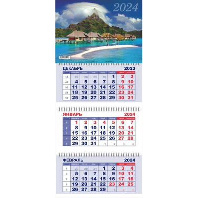 Календарь настенный 2024 квартальный 3-блочный 29х65см Lamark 'Тропический пляж' на гребне