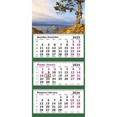 Календарь настенный 2024 квартальный 3-блочный 30х67см 'Байкальская сосна' на гребне