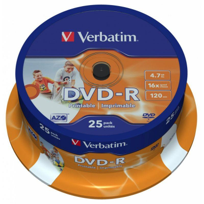 Диск DVD-R 4.7Gb 16X Verbatim Azo Printable  25шт Cake box
