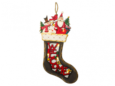 Панно 25х41см Рождественский носок с LED огнями дерево