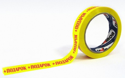Клейкая лента упаковочная с логотипом 'ПОДАРОК' 0.024х 66м/3" 50мкм UNIBOB® красный текст/желтый фон
