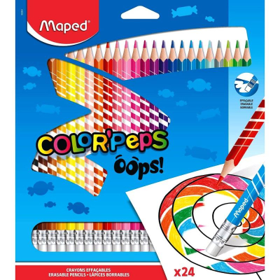 Карандаши  24цв Maped Color'Peps 'Oops' пластиковые трехгранные с ластиками в картонной коробке