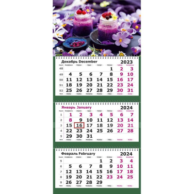 Календарь настенный 2024 квартальный 3-блочный 30х67см 'Цветы' на гребне