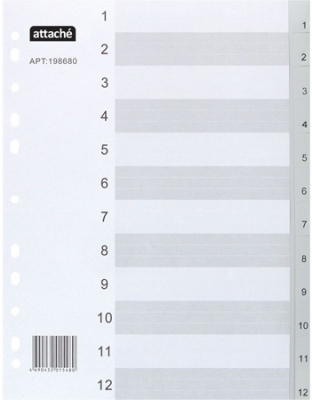 Разделители цифровые 1-12 A4 пластиковые серые Attache с титульным листом