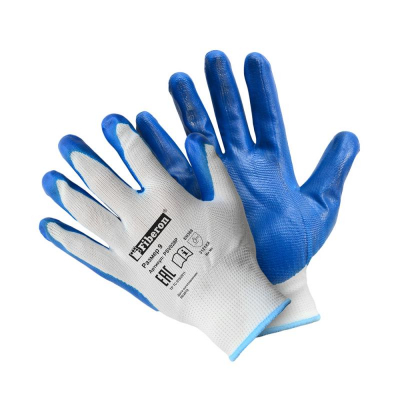Перчатки хозяйственные полиэстеровые с нитриловым покрытием Fiberon 'Антискользящие' размер 9 (L) бело-синие