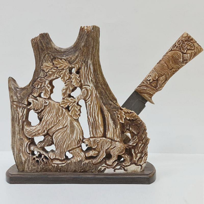 Нож на подставке 'Охота на медведя' Дамасская сталь рог кость лося ручная резьба