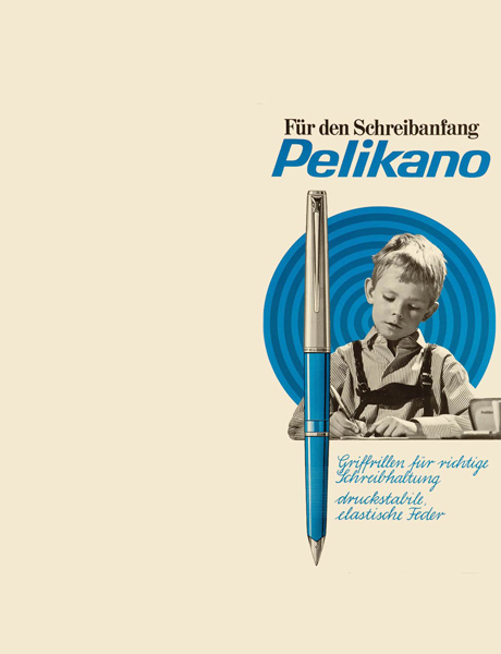 Школьная перьевая ручка "Pelikano". На изображении восстановленная модель 1965. Форма первой ручки Pelikano напоминает модель P11/P25, где кончик пера полностью прикрыт.